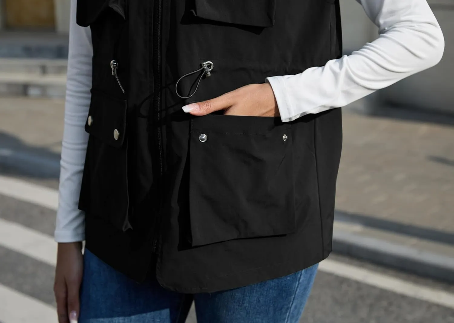 PESION Womens Packable Military Utility Vests Outerwear Waterproof Windbreaker Jacket Cargo Vest with Removable Hood