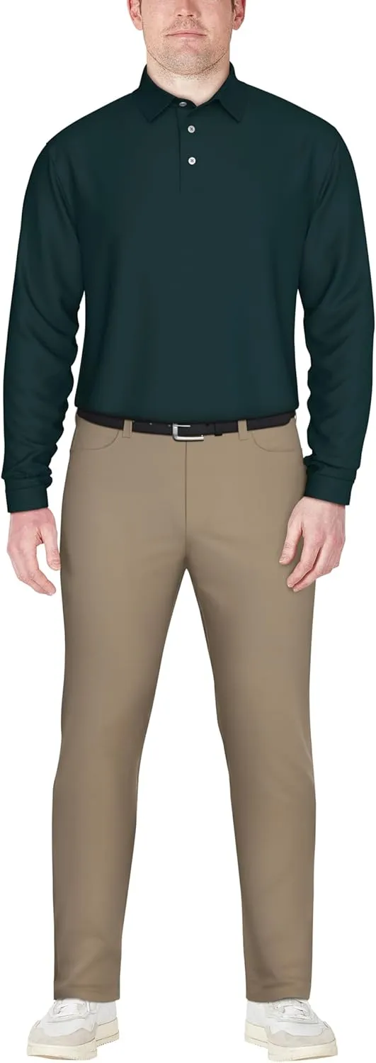 PGA TOUR Men's Jacquard Long Sleeve Golf Polo Shirt, 3-Button Placket, Ribbed Cuffs, Lightweight, Breathable, Versatile Style