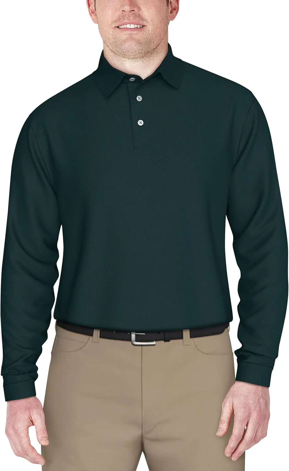 PGA TOUR Men's Jacquard Long Sleeve Golf Polo Shirt, 3-Button Placket, Ribbed Cuffs, Lightweight, Breathable, Versatile Style
