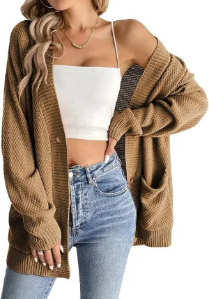 Pink Queen 2024 Fall Sweater Cardigan for Women Long Sleeve Button Down Open Front Oversized Cardigans with Pockets