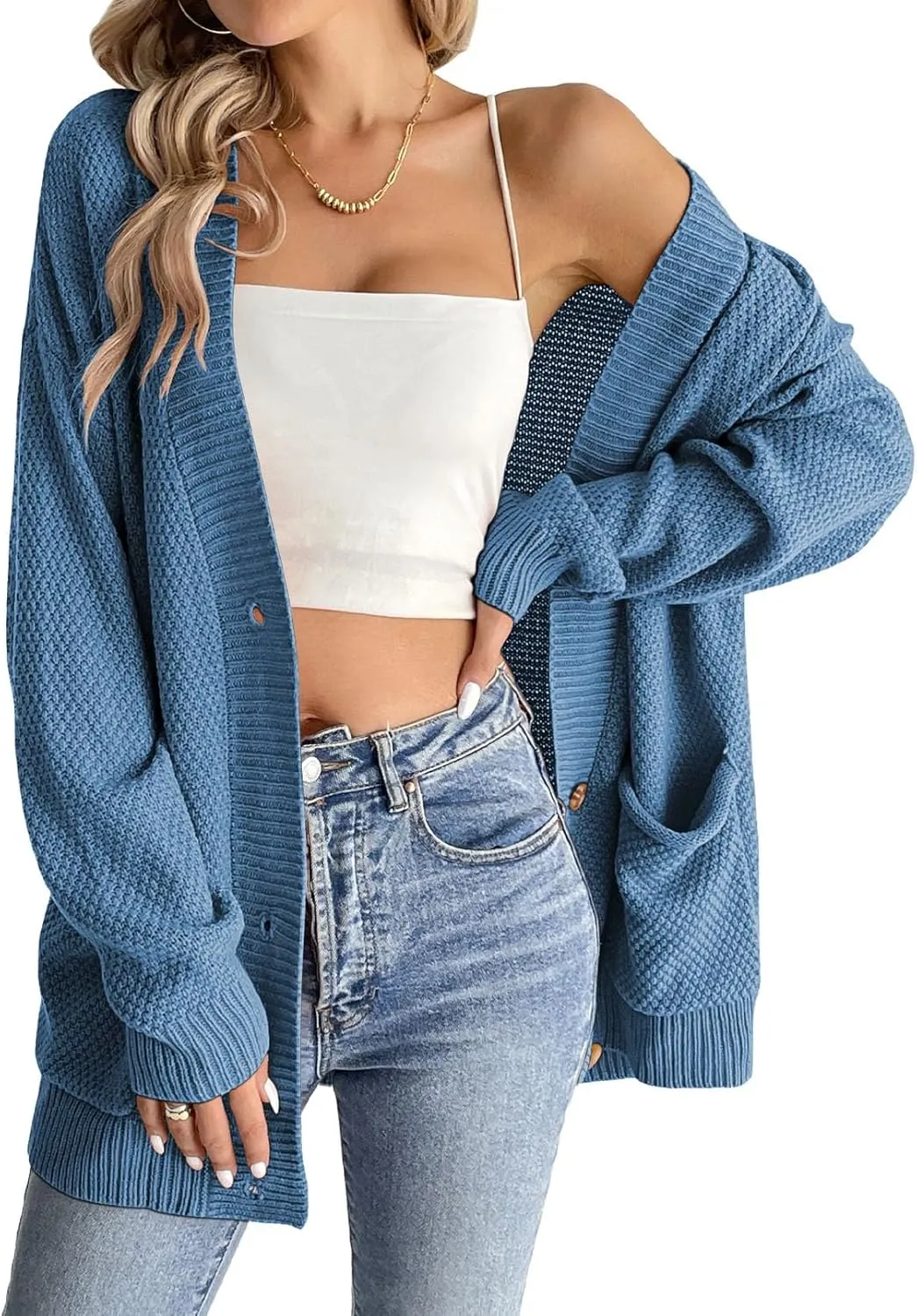 Pink Queen 2024 Fall Sweater Cardigan for Women Long Sleeve Button Down Open Front Oversized Cardigans with Pockets