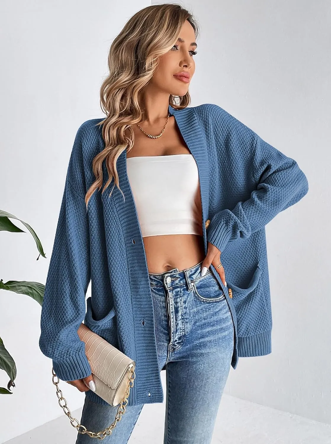 Pink Queen 2024 Fall Sweater Cardigan for Women Long Sleeve Button Down Open Front Oversized Cardigans with Pockets