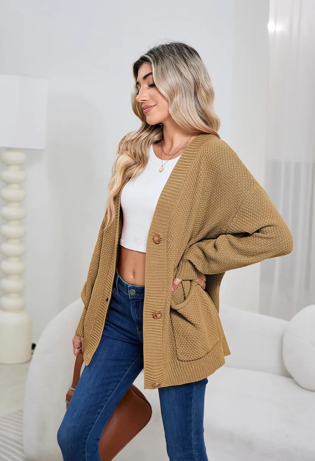 Pink Queen 2024 Fall Sweater Cardigan for Women Long Sleeve Button Down Open Front Oversized Cardigans with Pockets