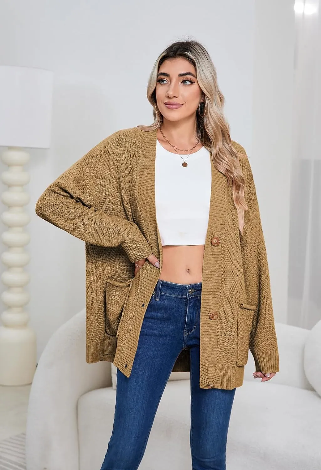 Pink Queen 2024 Fall Sweater Cardigan for Women Long Sleeve Button Down Open Front Oversized Cardigans with Pockets