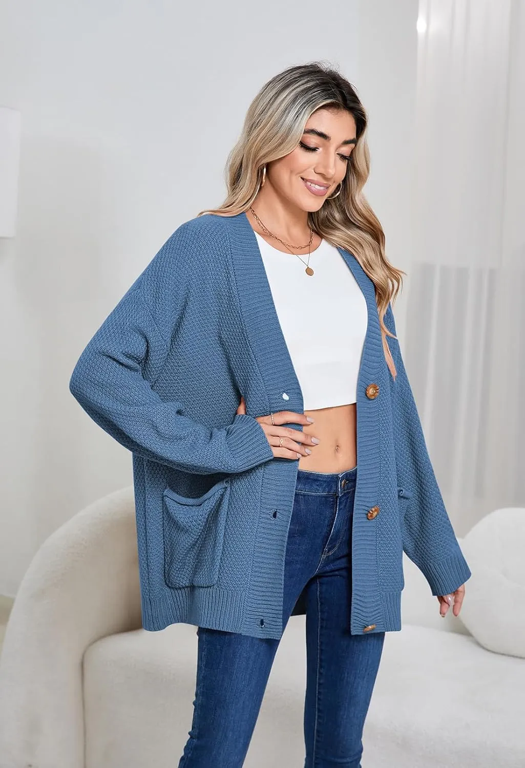 Pink Queen 2024 Fall Sweater Cardigan for Women Long Sleeve Button Down Open Front Oversized Cardigans with Pockets