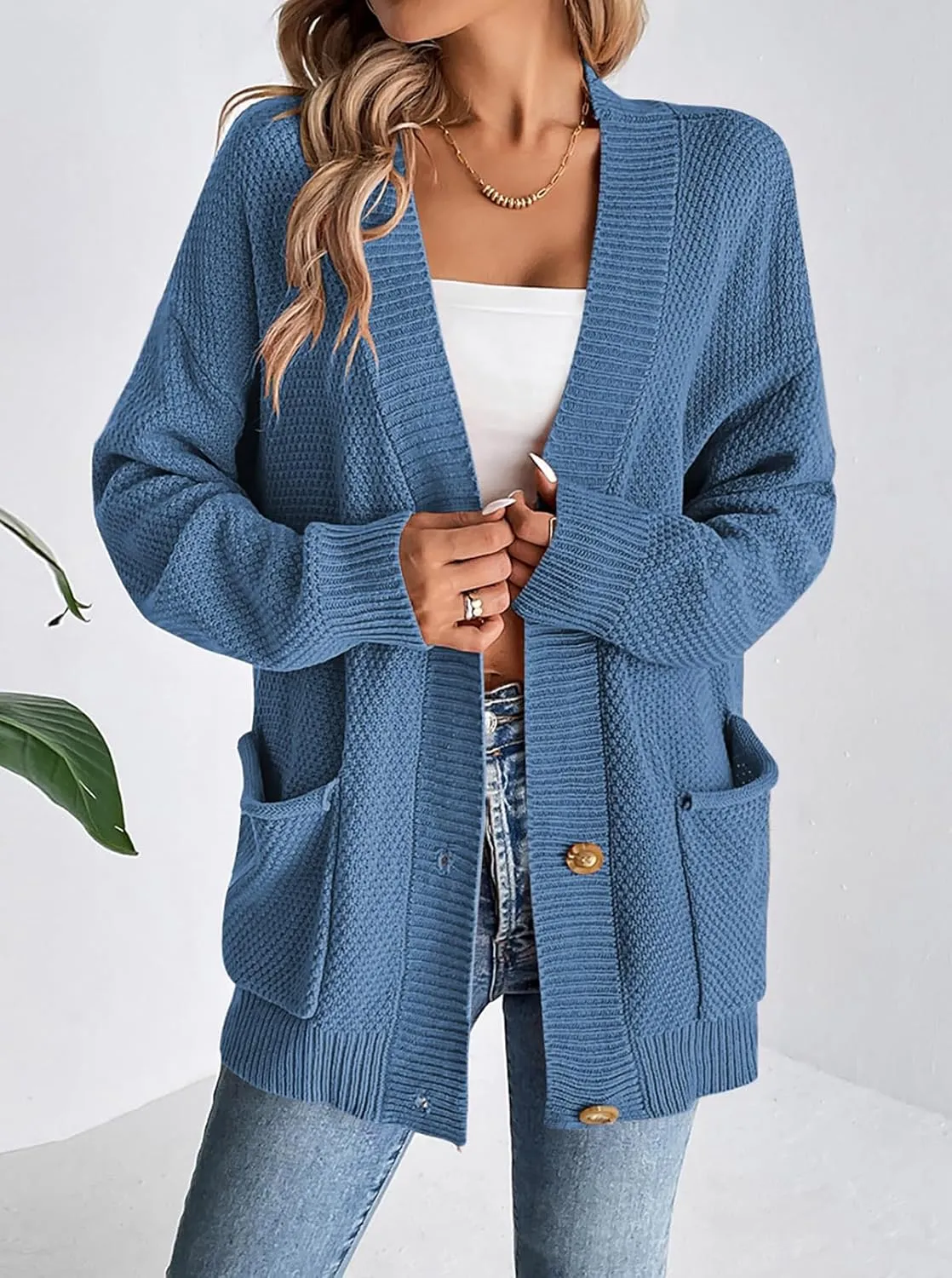 Pink Queen 2024 Fall Sweater Cardigan for Women Long Sleeve Button Down Open Front Oversized Cardigans with Pockets