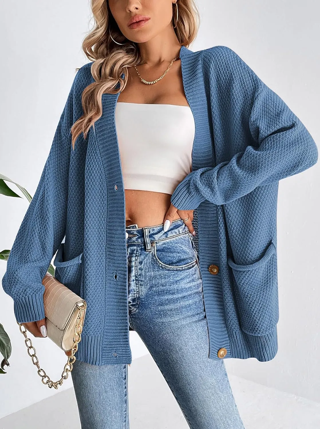 Pink Queen 2024 Fall Sweater Cardigan for Women Long Sleeve Button Down Open Front Oversized Cardigans with Pockets