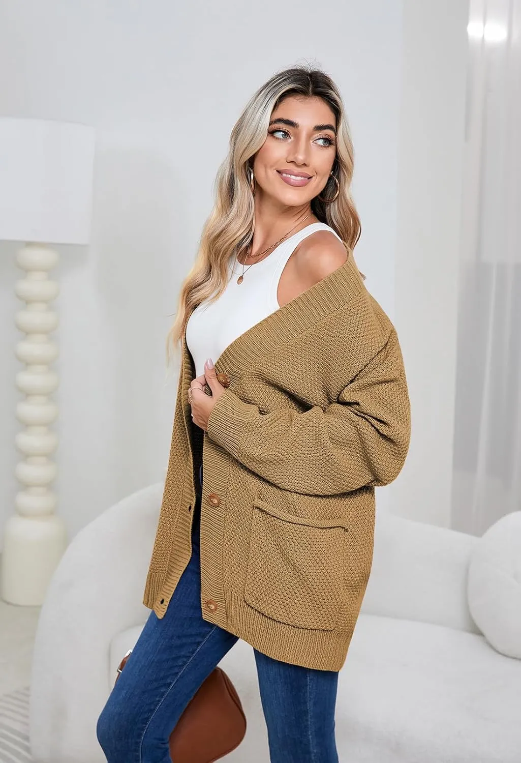Pink Queen 2024 Fall Sweater Cardigan for Women Long Sleeve Button Down Open Front Oversized Cardigans with Pockets