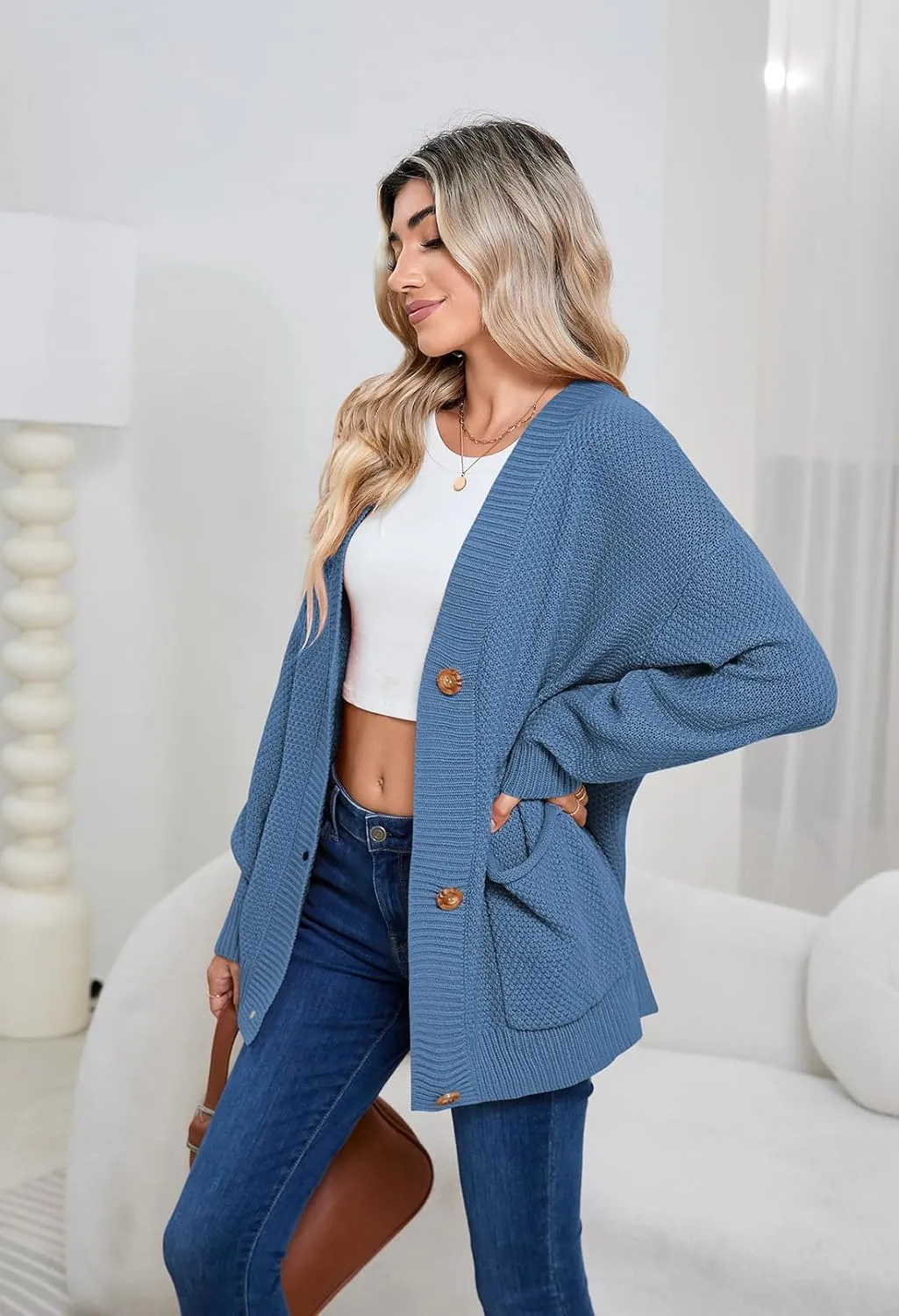 Pink Queen 2024 Fall Sweater Cardigan for Women Long Sleeve Button Down Open Front Oversized Cardigans with Pockets