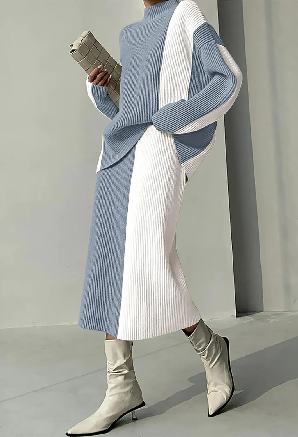 Pink Queen Women's 2 Piece Outfits 2024 Fall Winter Sweater Skirt Set Long Sleeve Oversized Top High Waist Color Block Dress