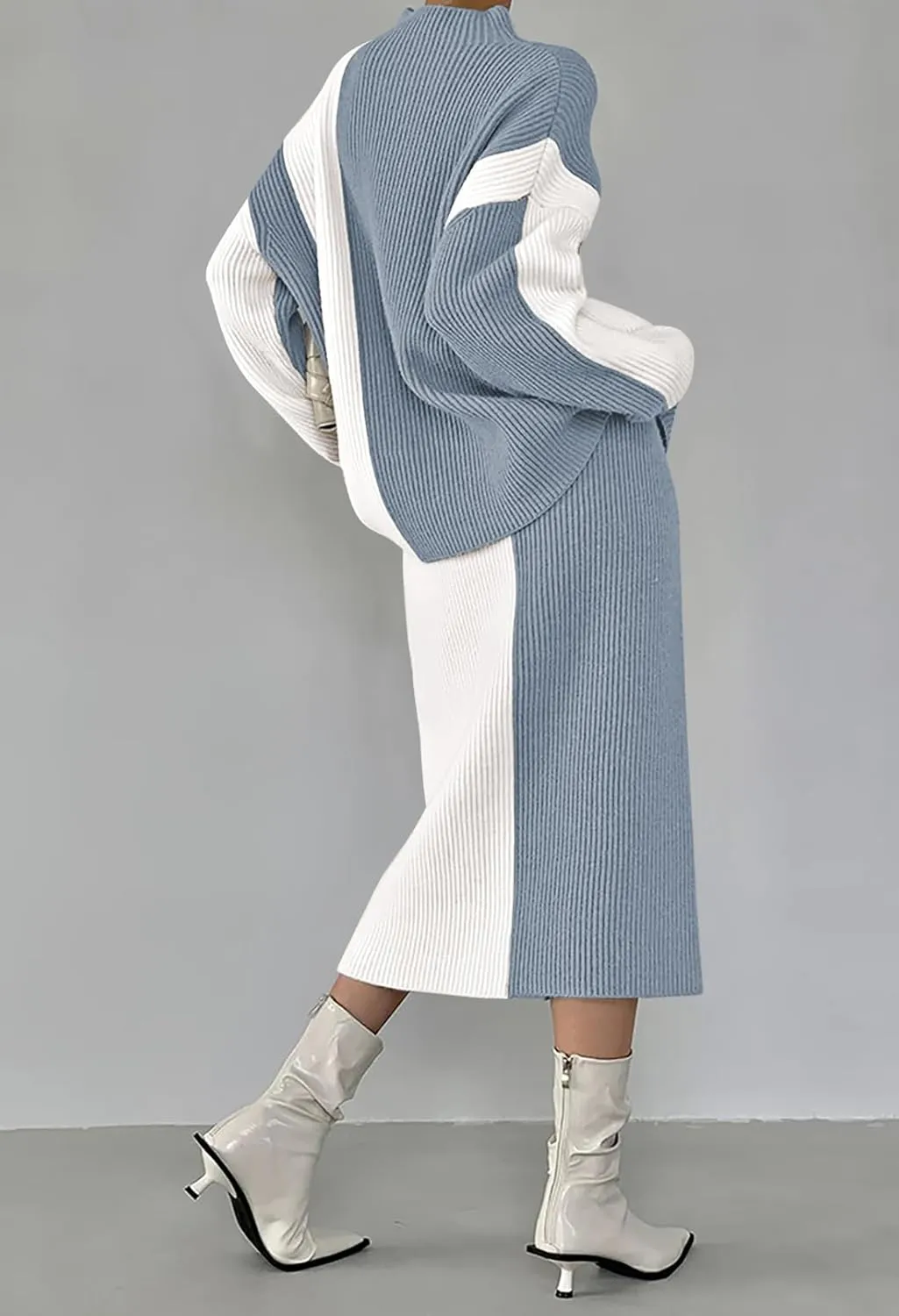 Pink Queen Women's 2 Piece Outfits 2024 Fall Winter Sweater Skirt Set Long Sleeve Oversized Top High Waist Color Block Dress