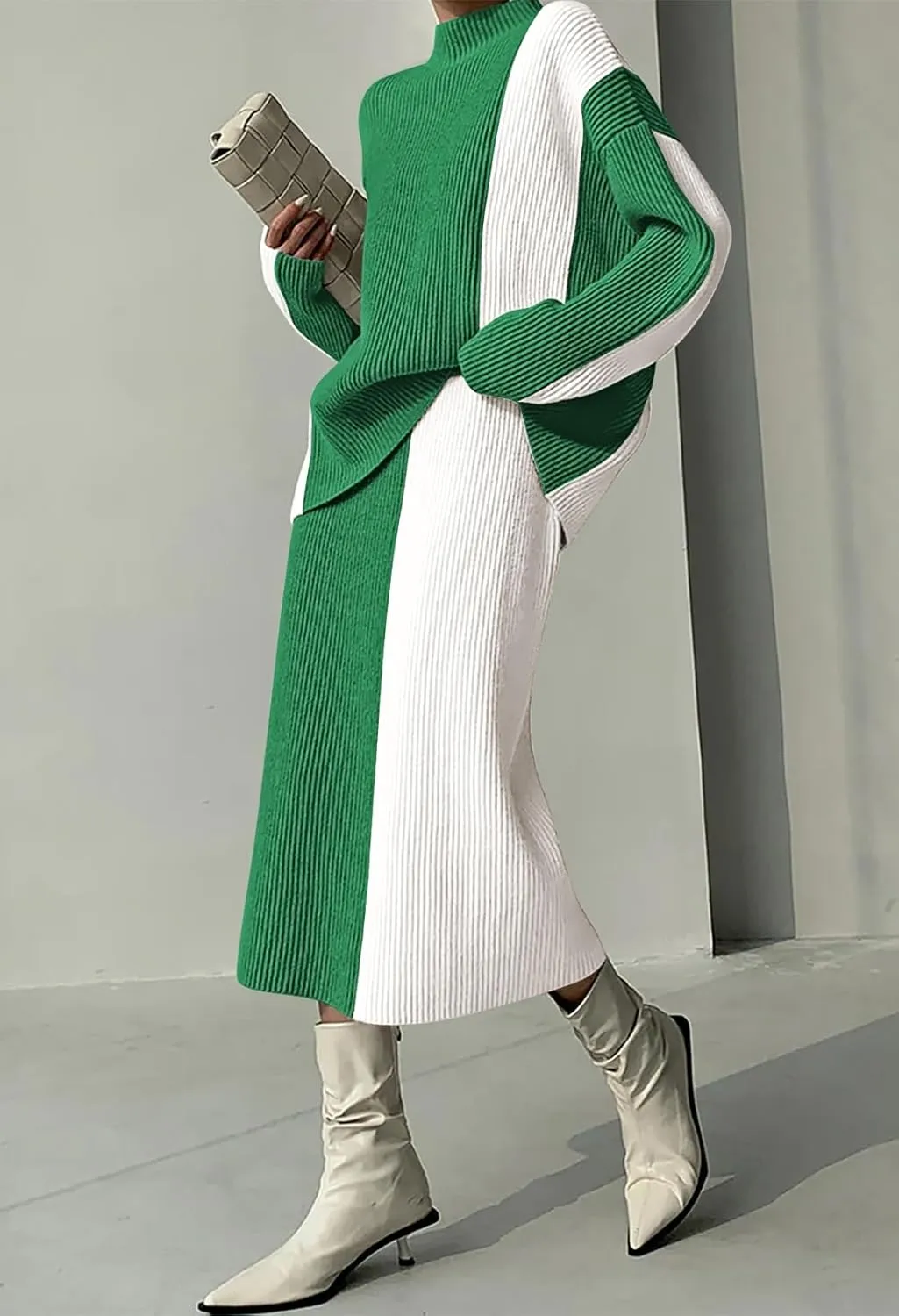 Pink Queen Women's 2 Piece Outfits 2024 Fall Winter Sweater Skirt Set Long Sleeve Oversized Top High Waist Color Block Dress