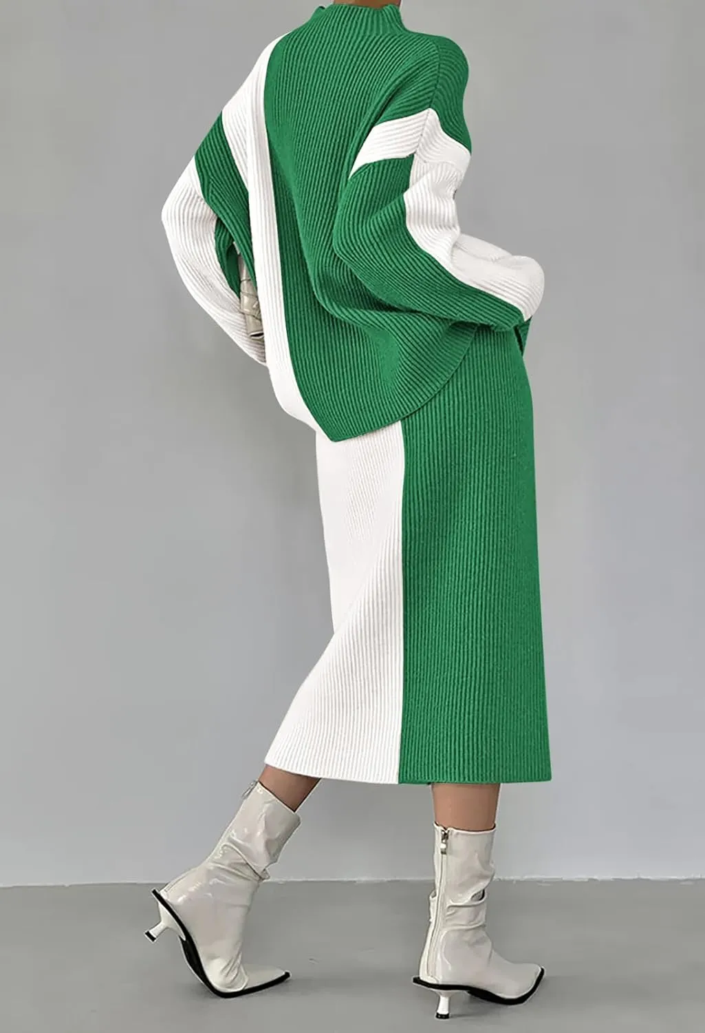 Pink Queen Women's 2 Piece Outfits 2024 Fall Winter Sweater Skirt Set Long Sleeve Oversized Top High Waist Color Block Dress