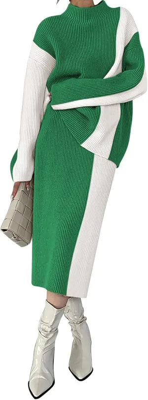 Pink Queen Women's 2 Piece Outfits 2024 Fall Winter Sweater Skirt Set Long Sleeve Oversized Top High Waist Color Block Dress
