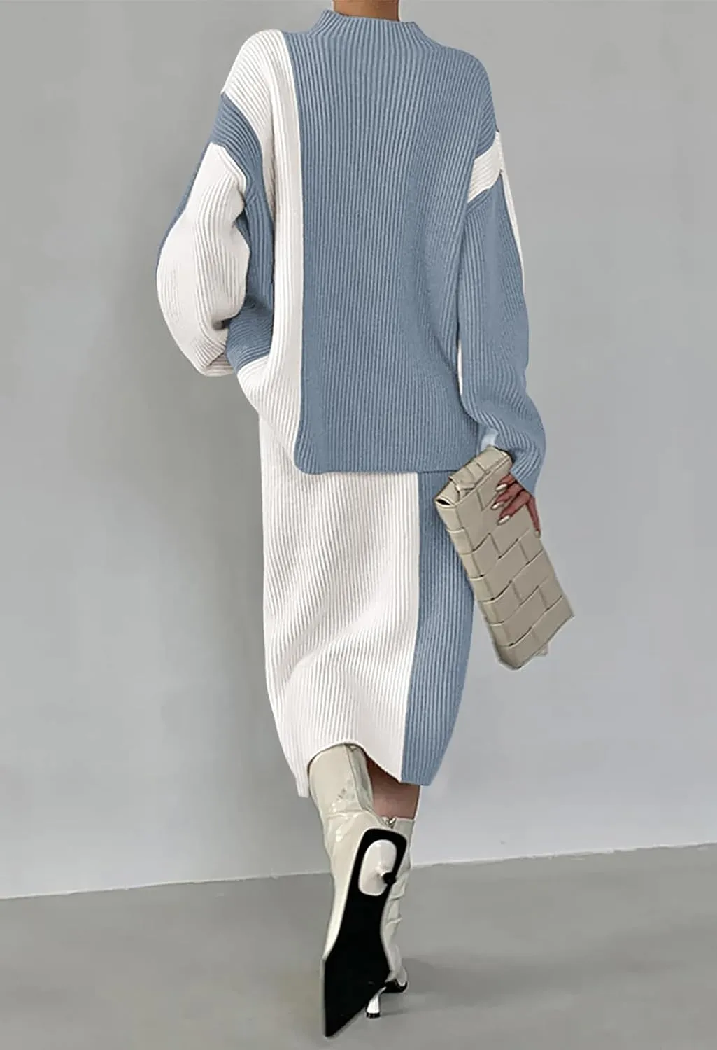 Pink Queen Women's 2 Piece Outfits 2024 Fall Winter Sweater Skirt Set Long Sleeve Oversized Top High Waist Color Block Dress