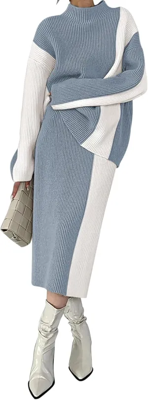 Pink Queen Women's 2 Piece Outfits 2024 Fall Winter Sweater Skirt Set Long Sleeve Oversized Top High Waist Color Block Dress