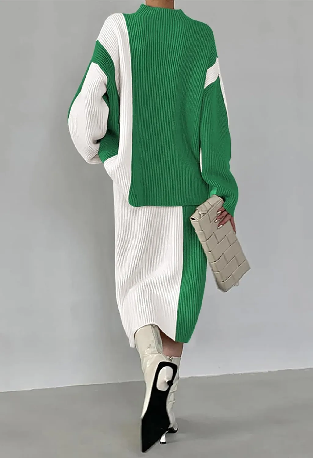 Pink Queen Women's 2 Piece Outfits 2024 Fall Winter Sweater Skirt Set Long Sleeve Oversized Top High Waist Color Block Dress