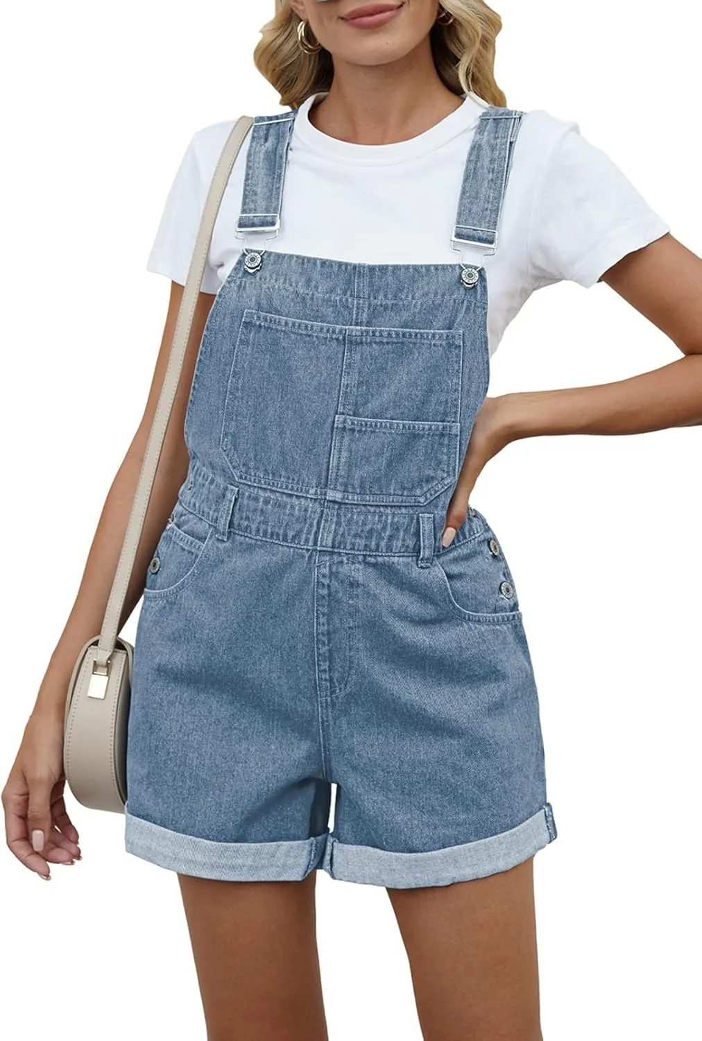 Pink Queen Women's Denim Shortalls Casual Adjustable Straps High Waist Bib Jeans Overalls Shorts Romper with Pockets