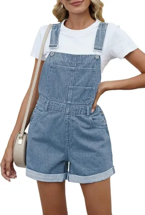 Pink Queen Women's Denim Shortalls Casual Adjustable Straps High Waist Bib Jeans Overalls Shorts Romper with Pockets