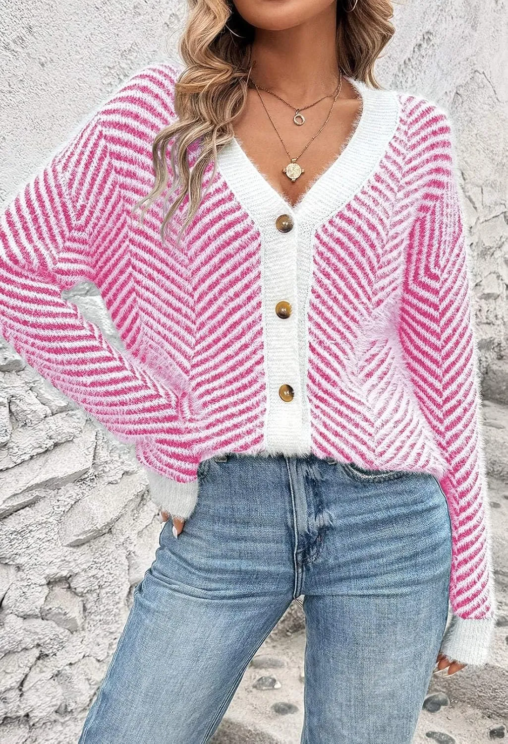 Pink Queen Women's Fuzzy Sweater Cardigans 2024 Long Sleeve Button Down Open Front Stripe Color Block Knit Cardigan Outerwear