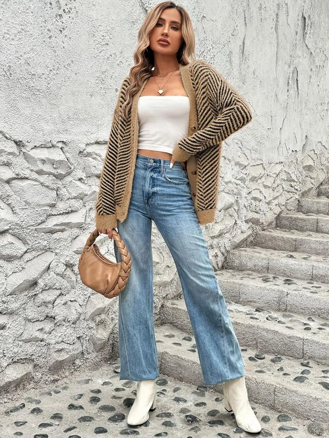 Pink Queen Women's Fuzzy Sweater Cardigans 2024 Long Sleeve Button Down Open Front Stripe Color Block Knit Cardigan Outerwear