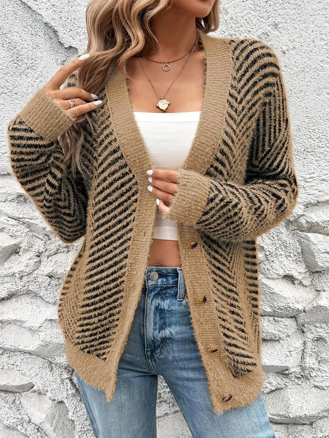 Pink Queen Women's Fuzzy Sweater Cardigans 2024 Long Sleeve Button Down Open Front Stripe Color Block Knit Cardigan Outerwear