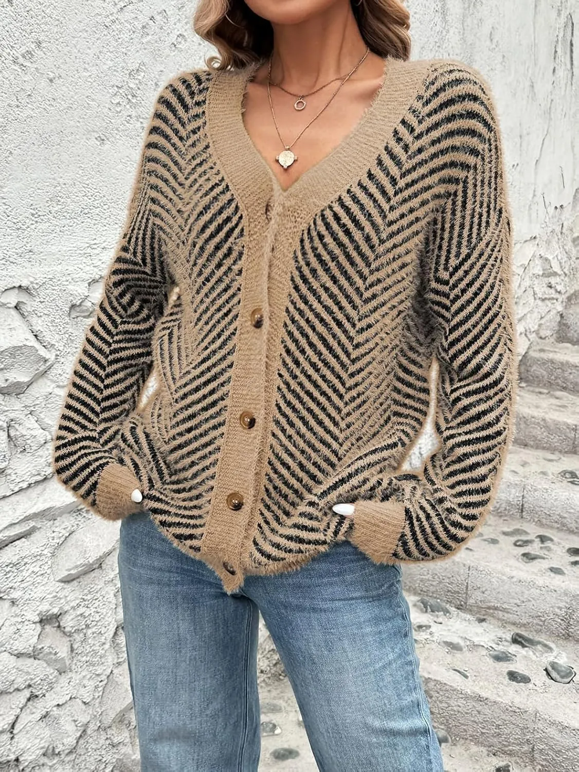 Pink Queen Women's Fuzzy Sweater Cardigans 2024 Long Sleeve Button Down Open Front Stripe Color Block Knit Cardigan Outerwear