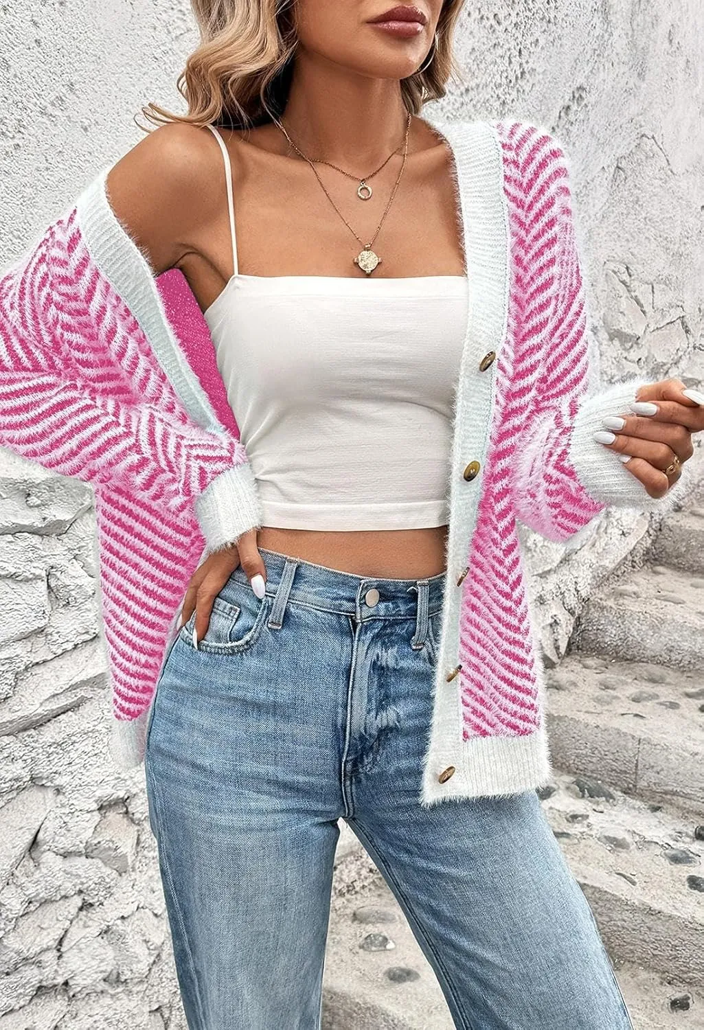 Pink Queen Women's Fuzzy Sweater Cardigans 2024 Long Sleeve Button Down Open Front Stripe Color Block Knit Cardigan Outerwear