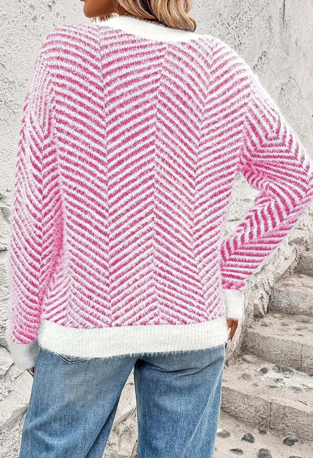 Pink Queen Women's Fuzzy Sweater Cardigans 2024 Long Sleeve Button Down Open Front Stripe Color Block Knit Cardigan Outerwear