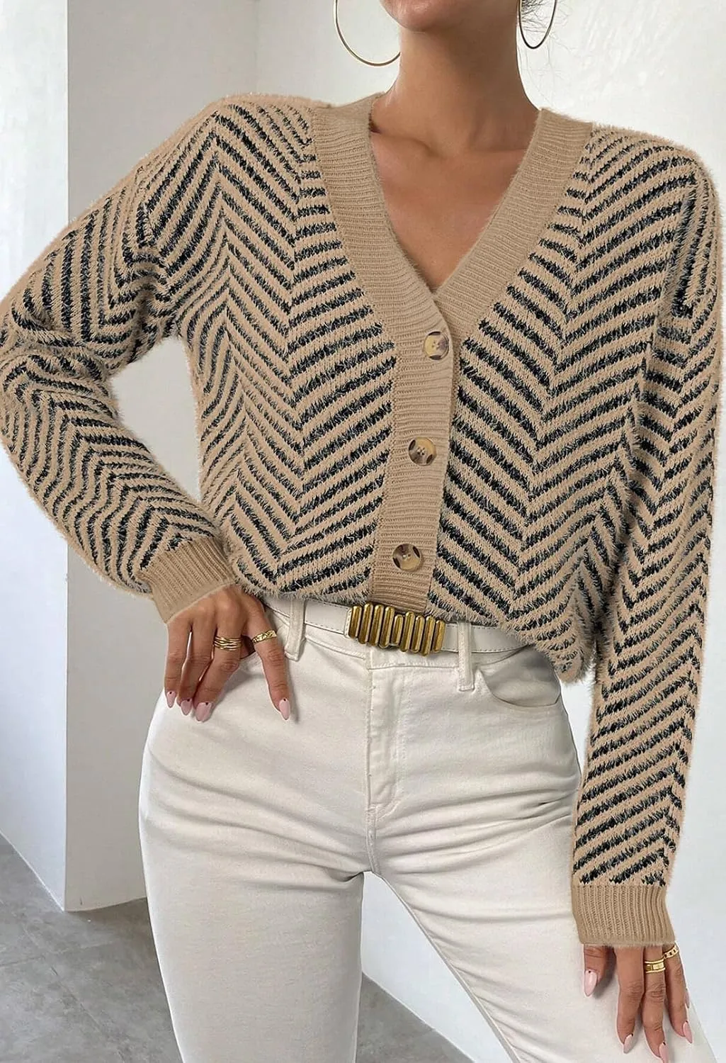 Pink Queen Women's Fuzzy Sweater Cardigans 2024 Long Sleeve Button Down Open Front Stripe Color Block Knit Cardigan Outerwear