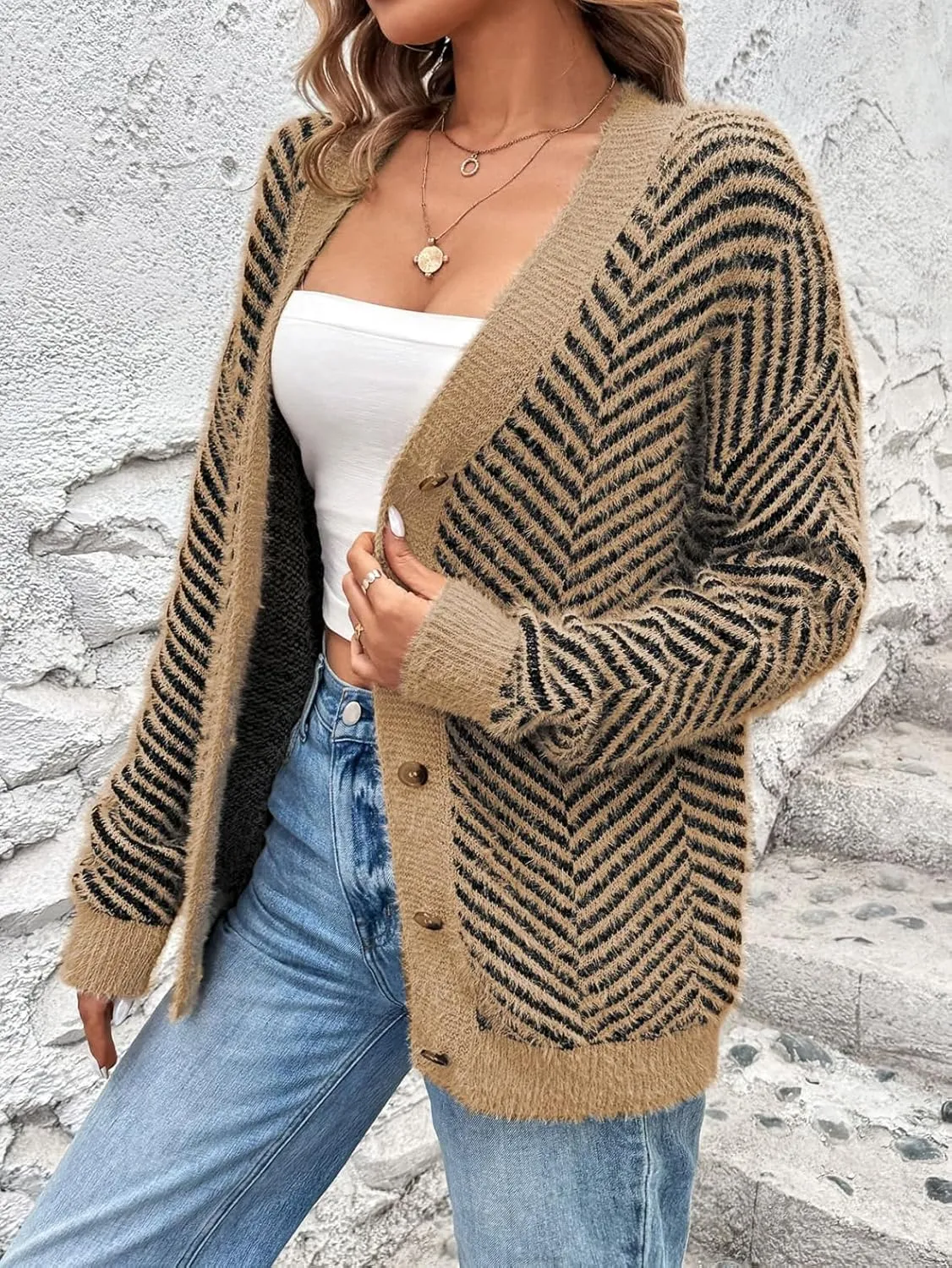 Pink Queen Women's Fuzzy Sweater Cardigans 2024 Long Sleeve Button Down Open Front Stripe Color Block Knit Cardigan Outerwear