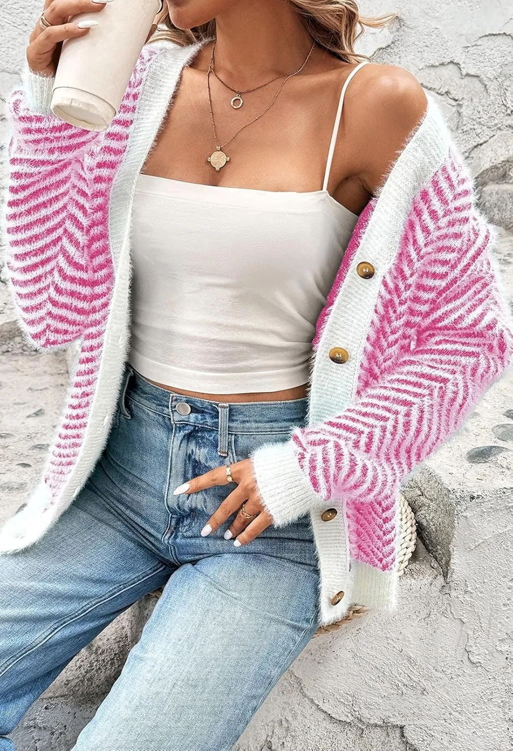 Pink Queen Women's Fuzzy Sweater Cardigans 2024 Long Sleeve Button Down Open Front Stripe Color Block Knit Cardigan Outerwear