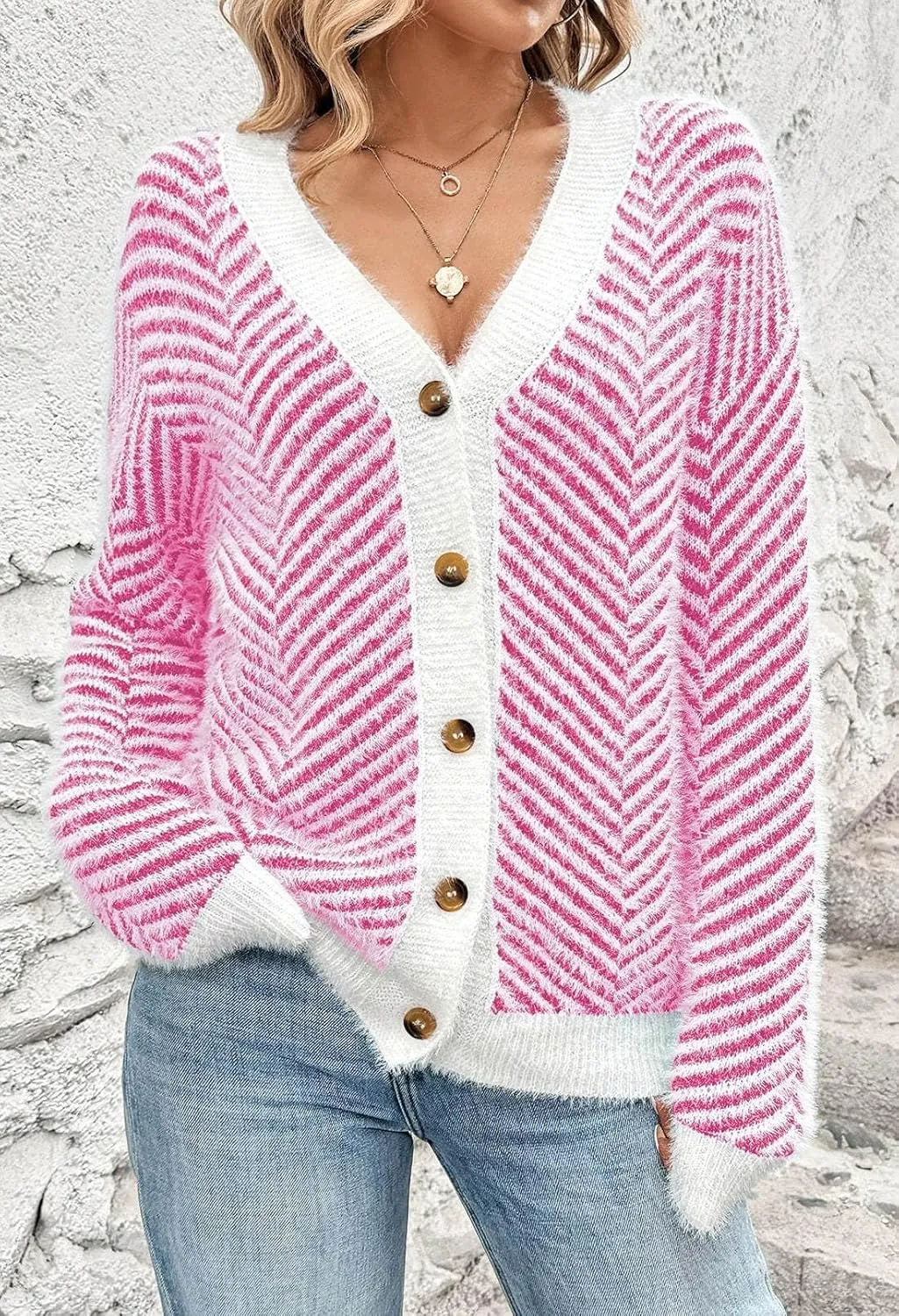 Pink Queen Women's Fuzzy Sweater Cardigans 2024 Long Sleeve Button Down Open Front Stripe Color Block Knit Cardigan Outerwear