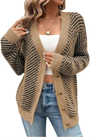 Pink Queen Women's Fuzzy Sweater Cardigans 2024 Long Sleeve Button Down Open Front Stripe Color Block Knit Cardigan Outerwear