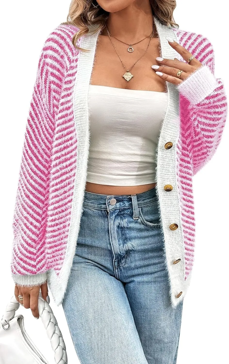 Pink Queen Women's Fuzzy Sweater Cardigans 2024 Long Sleeve Button Down Open Front Stripe Color Block Knit Cardigan Outerwear