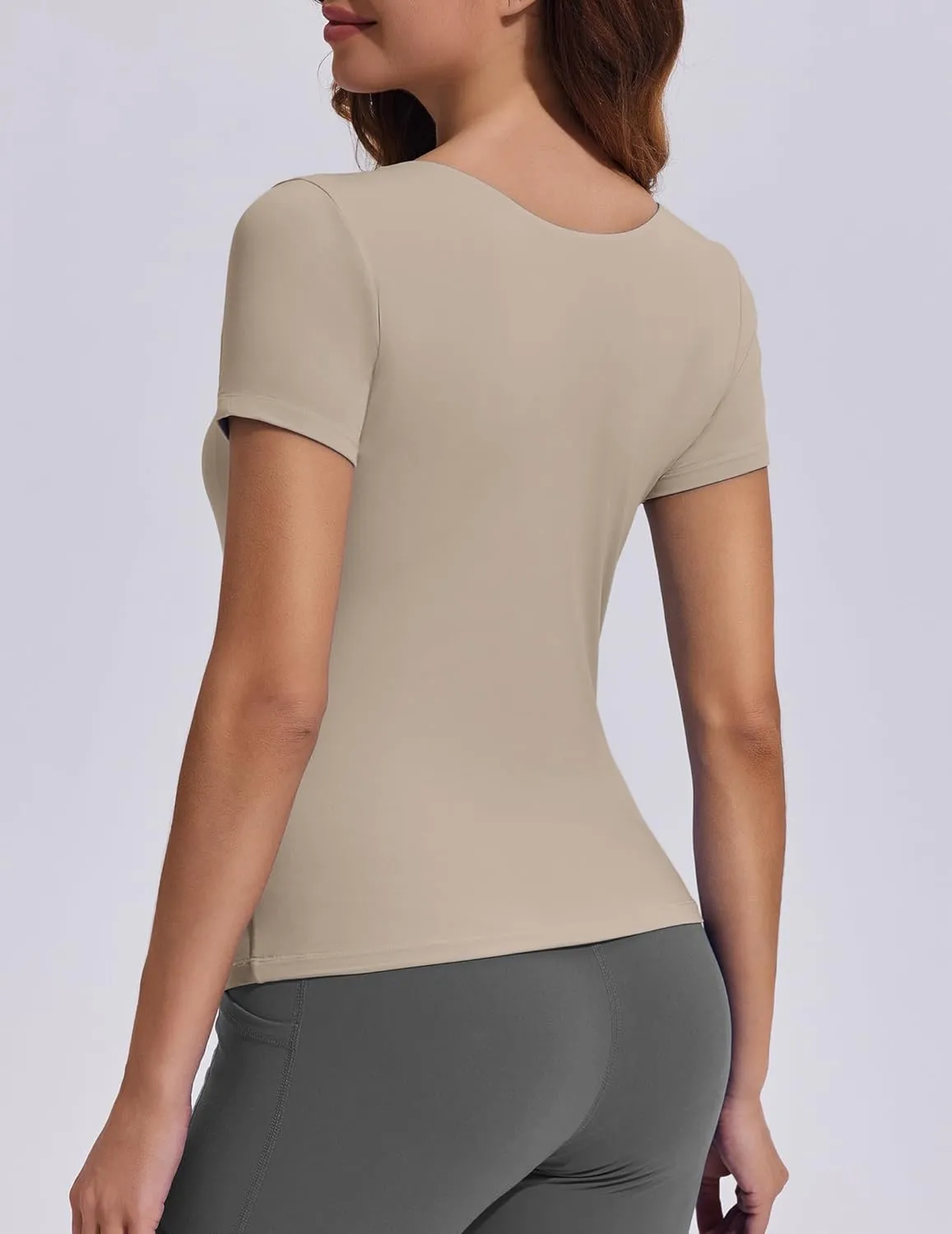PINSPARK Workout Tops for Women Double Lined Crew Neck Athletic T-Shirts Short Sleeve Tight Basic Tee for Yoga Gym Casual