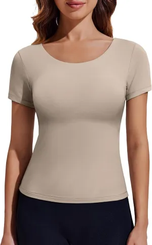 PINSPARK Workout Tops for Women Double Lined Crew Neck Athletic T-Shirts Short Sleeve Tight Basic Tee for Yoga Gym Casual