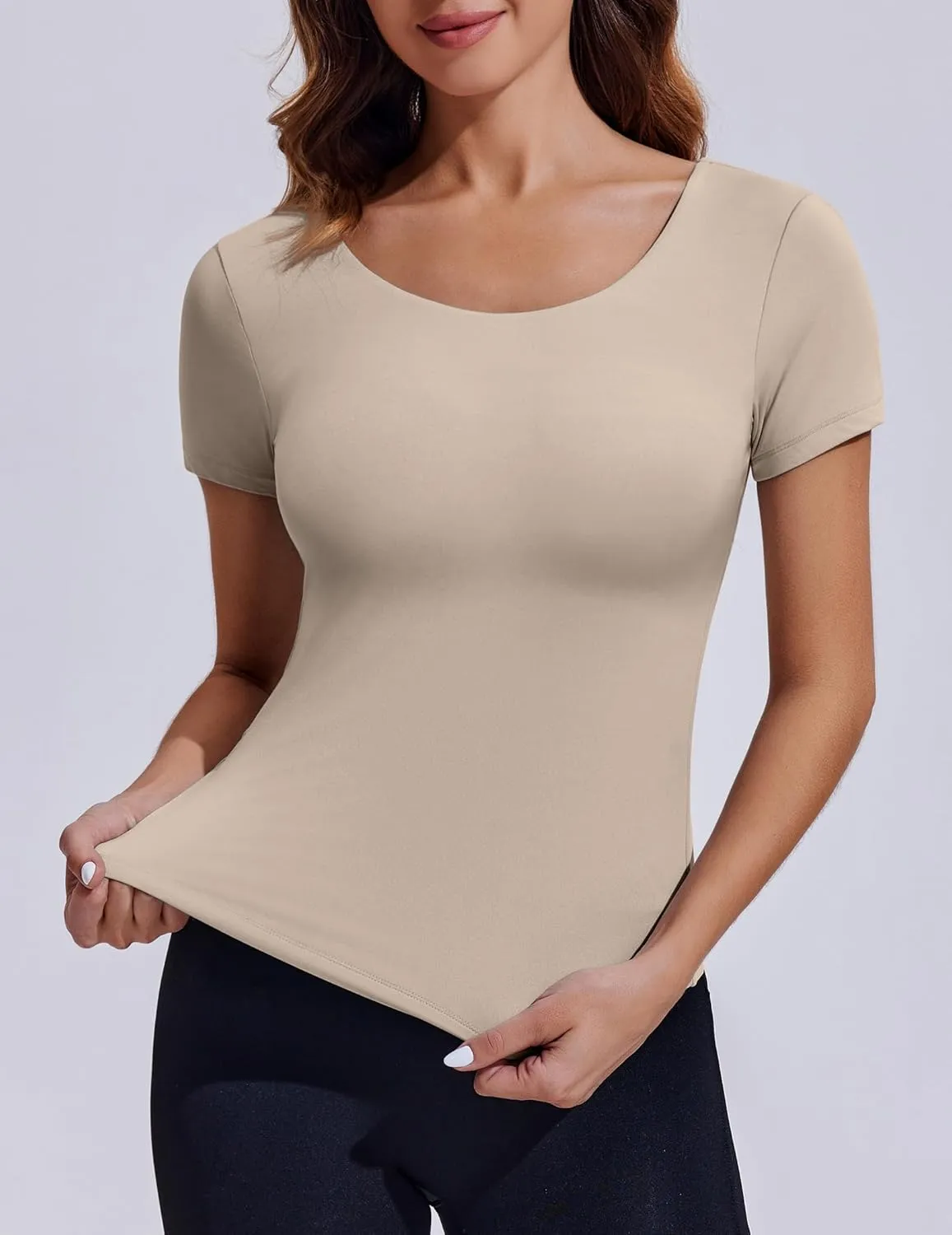 PINSPARK Workout Tops for Women Double Lined Crew Neck Athletic T-Shirts Short Sleeve Tight Basic Tee for Yoga Gym Casual