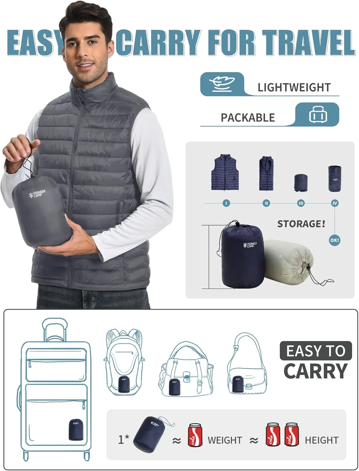 Pioneer Camp Men's Lightweight Puffer Vest Packable Water-Repellent Warm Quilted Sleeveless Outerwear for Work Casual Travel