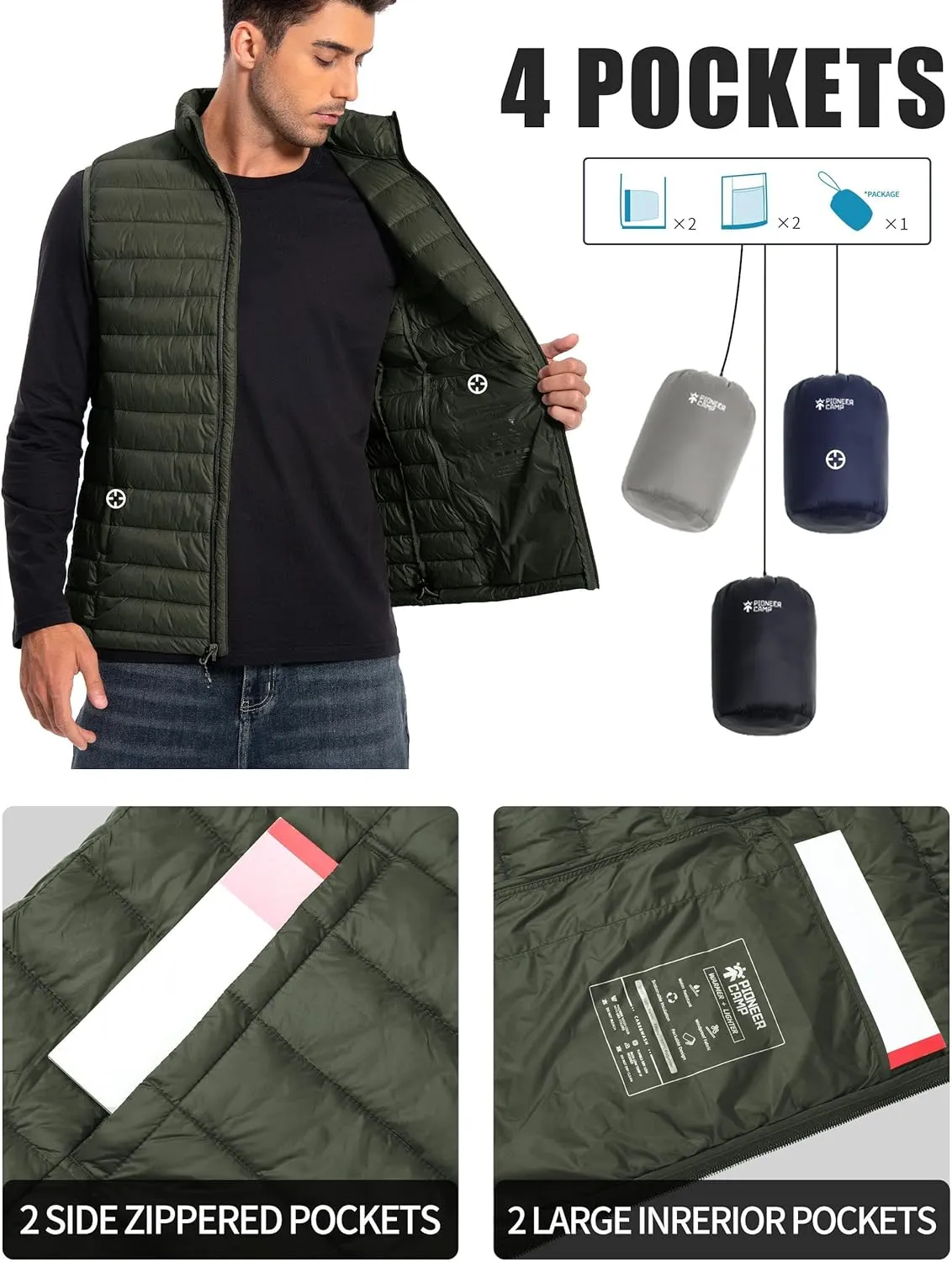 Pioneer Camp Men's Lightweight Puffer Vest Packable Water-Repellent Warm Quilted Sleeveless Outerwear for Work Casual Travel
