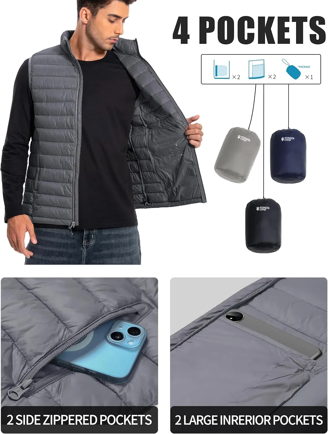 Pioneer Camp Men's Lightweight Puffer Vest Packable Water-Repellent Warm Quilted Sleeveless Outerwear for Work Casual Travel