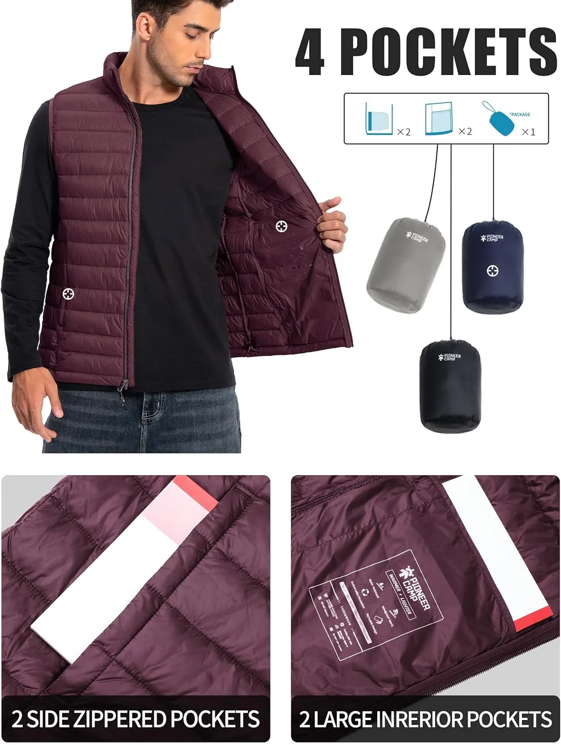 Pioneer Camp Men's Lightweight Puffer Vest Packable Water-Repellent Warm Quilted Sleeveless Outerwear for Work Casual Travel