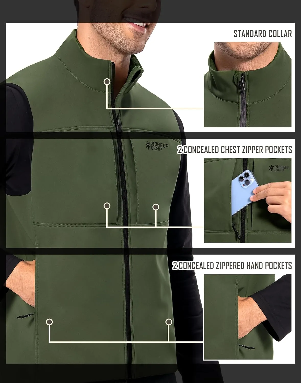 Pioneer Camp Mens Outerwear Golf Softshell Vest Windproof Fleece-Lined Lightweight Sleeveless Jacket for Travel Hiking
