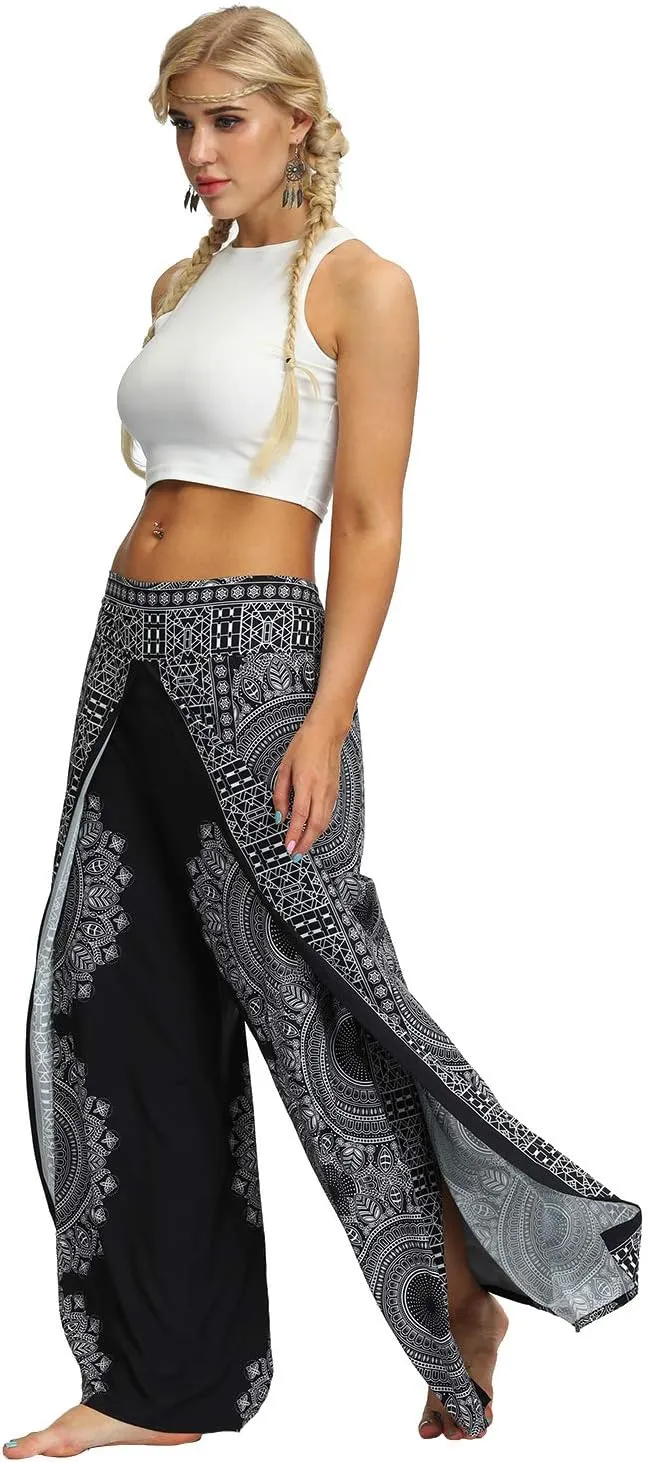 Plustrong Womens Slit Wide Leg Pants Casual Hippie Beach Boho Pilate Flowy Palazzo Yoga Pants