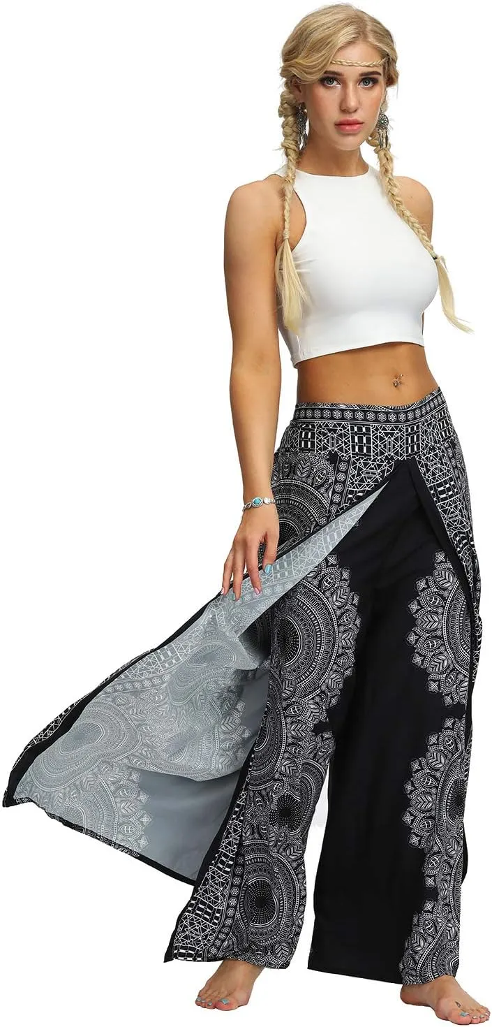 Plustrong Womens Slit Wide Leg Pants Casual Hippie Beach Boho Pilate Flowy Palazzo Yoga Pants