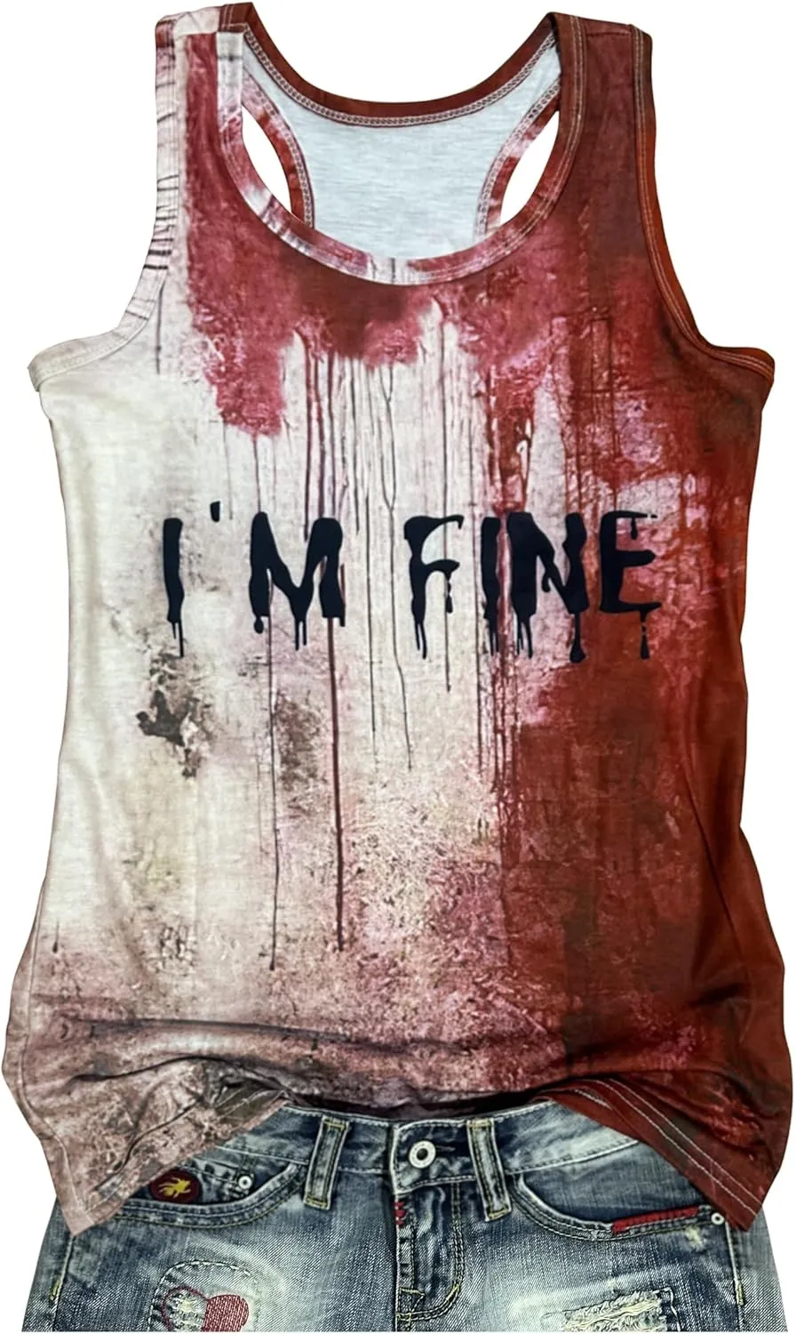 Problem Solved Halloween Tank Tops for Women Bloody Splatter Graphic Shirts Halloween Casual Racerback Tops