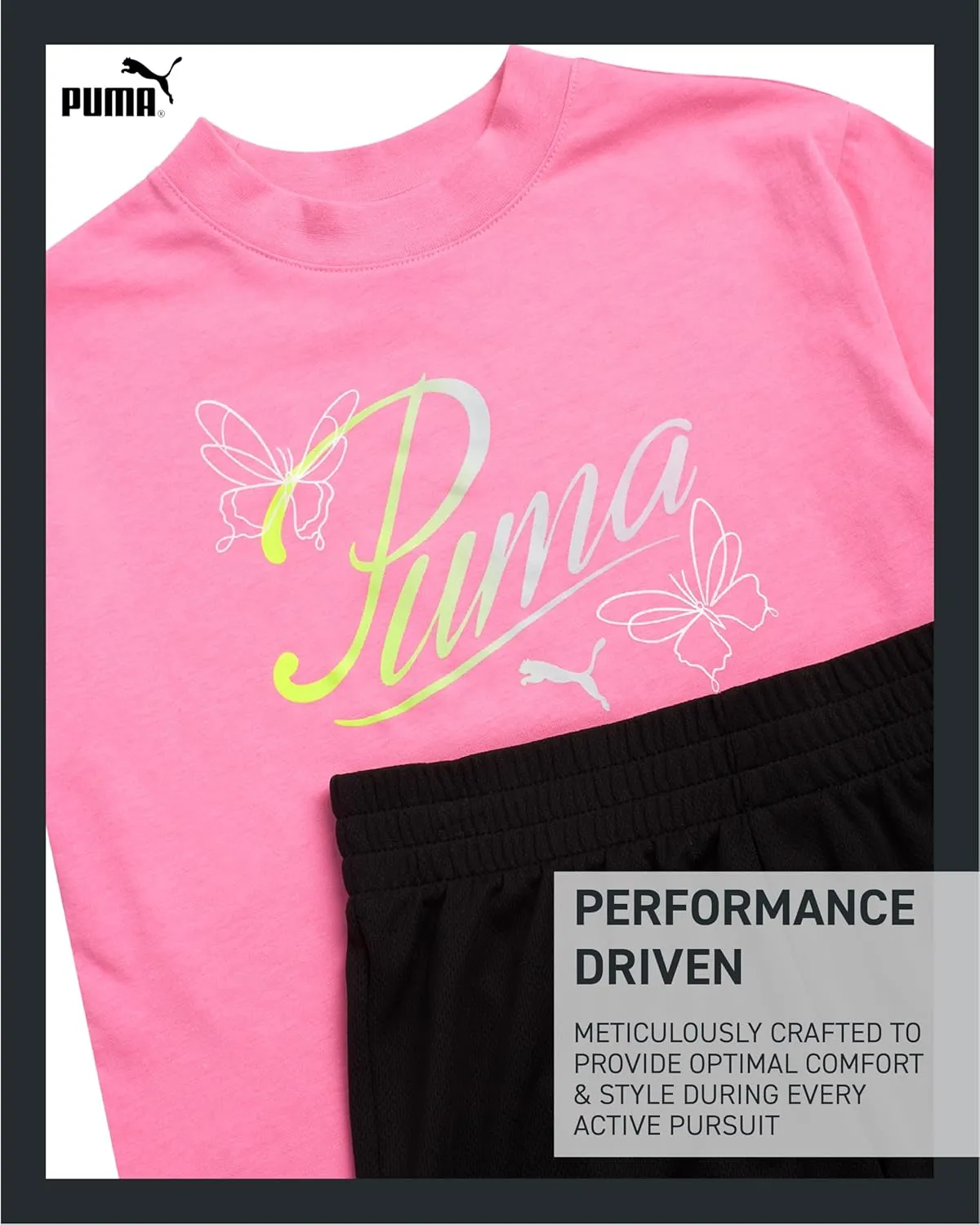PUMA Girls' Active Shorts Set - 2 Piece Performance T-Shirt and Gym Shorts or Bike Shorts - Athletic Outfit for Girls (7-14)