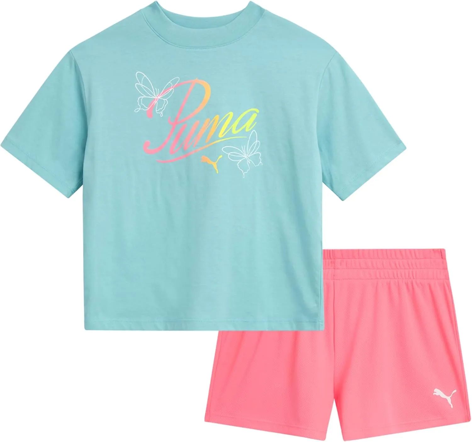PUMA Girls' Active Shorts Set - 2 Piece Performance T-Shirt and Gym Shorts or Bike Shorts - Athletic Outfit for Girls (7-14)