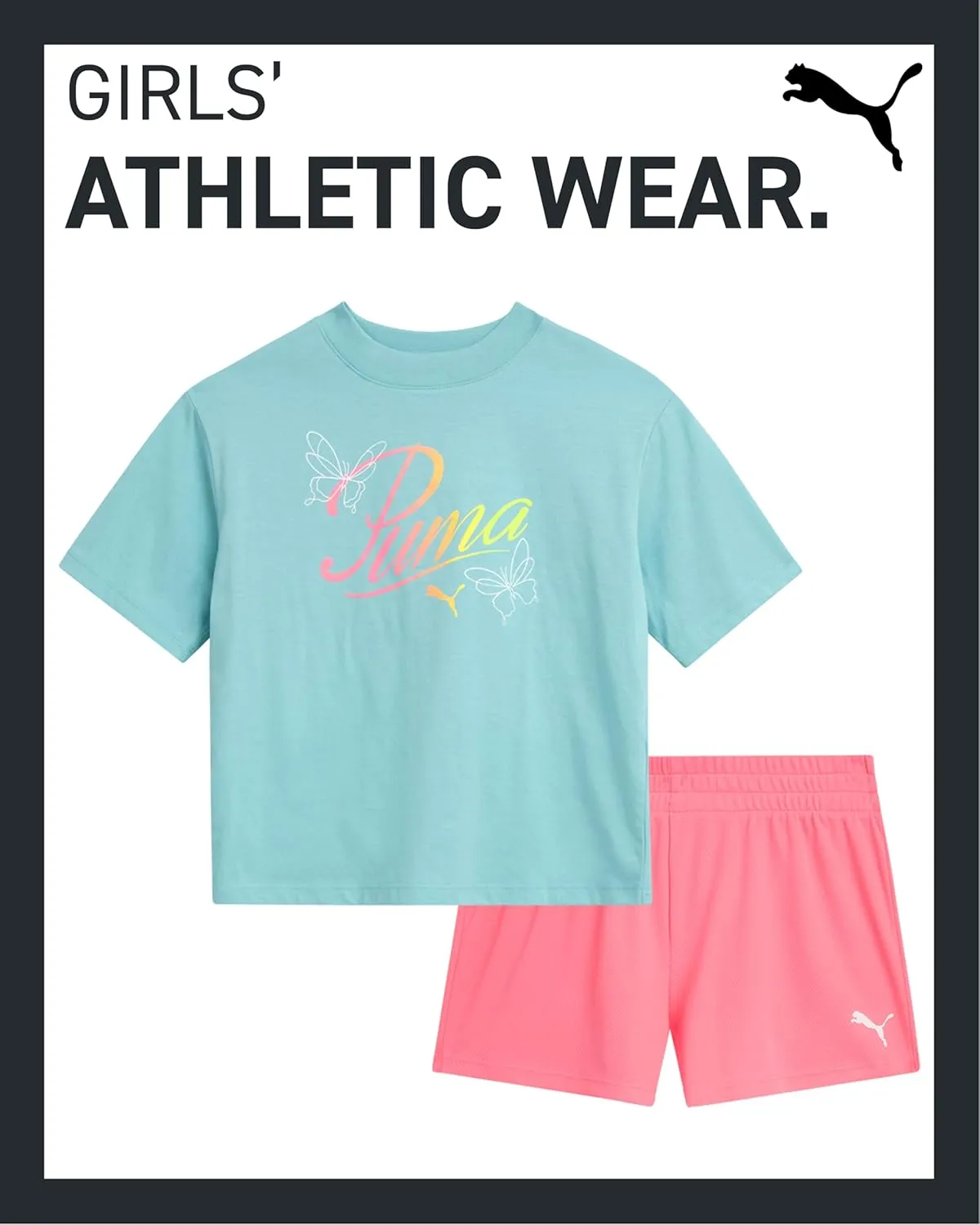 PUMA Girls' Active Shorts Set - 2 Piece Performance T-Shirt and Gym Shorts or Bike Shorts - Athletic Outfit for Girls (7-14)