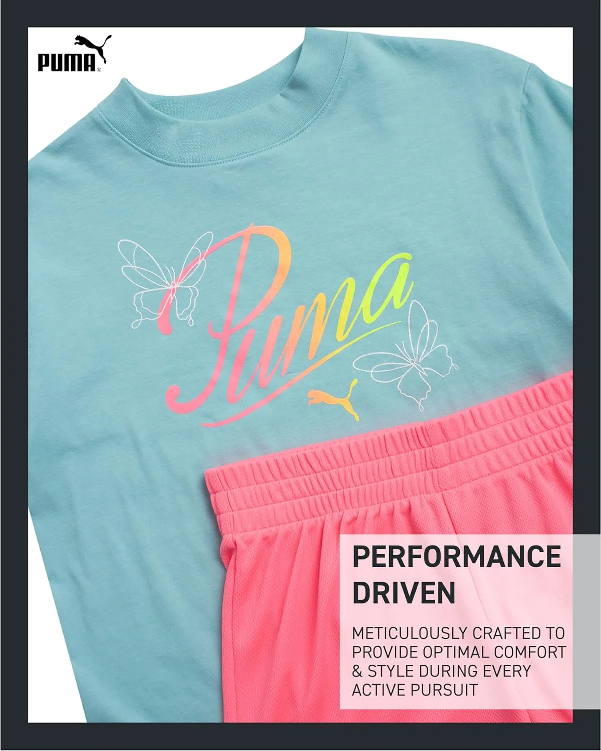 PUMA Girls' Active Shorts Set - 2 Piece Performance T-Shirt and Gym Shorts or Bike Shorts - Athletic Outfit for Girls (7-14)